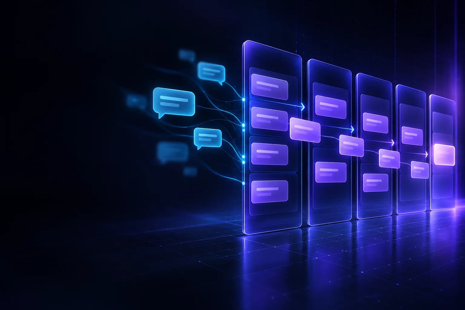 Abstract product-UI composition on near-black: a horizontal sales pipeline of glowing indigo (#3b2fd9) stage columns with small violet deal